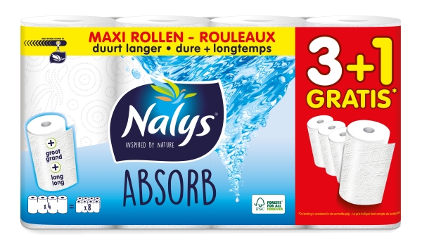 Keukenrollen Nalys Absorb Maxi 3+1 gratis 73-vellen 2-laags
